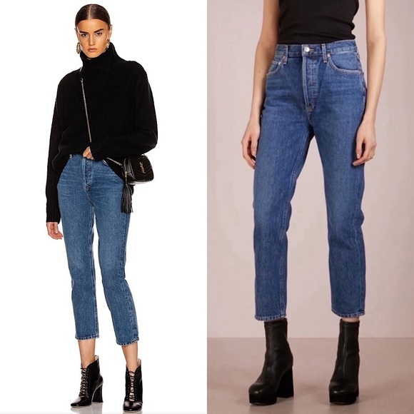 AGOLDE 90s High Rise Medium Wash Denim Button Fly Ankle Crop Straight Jeans 27 - Picture 1 of 13